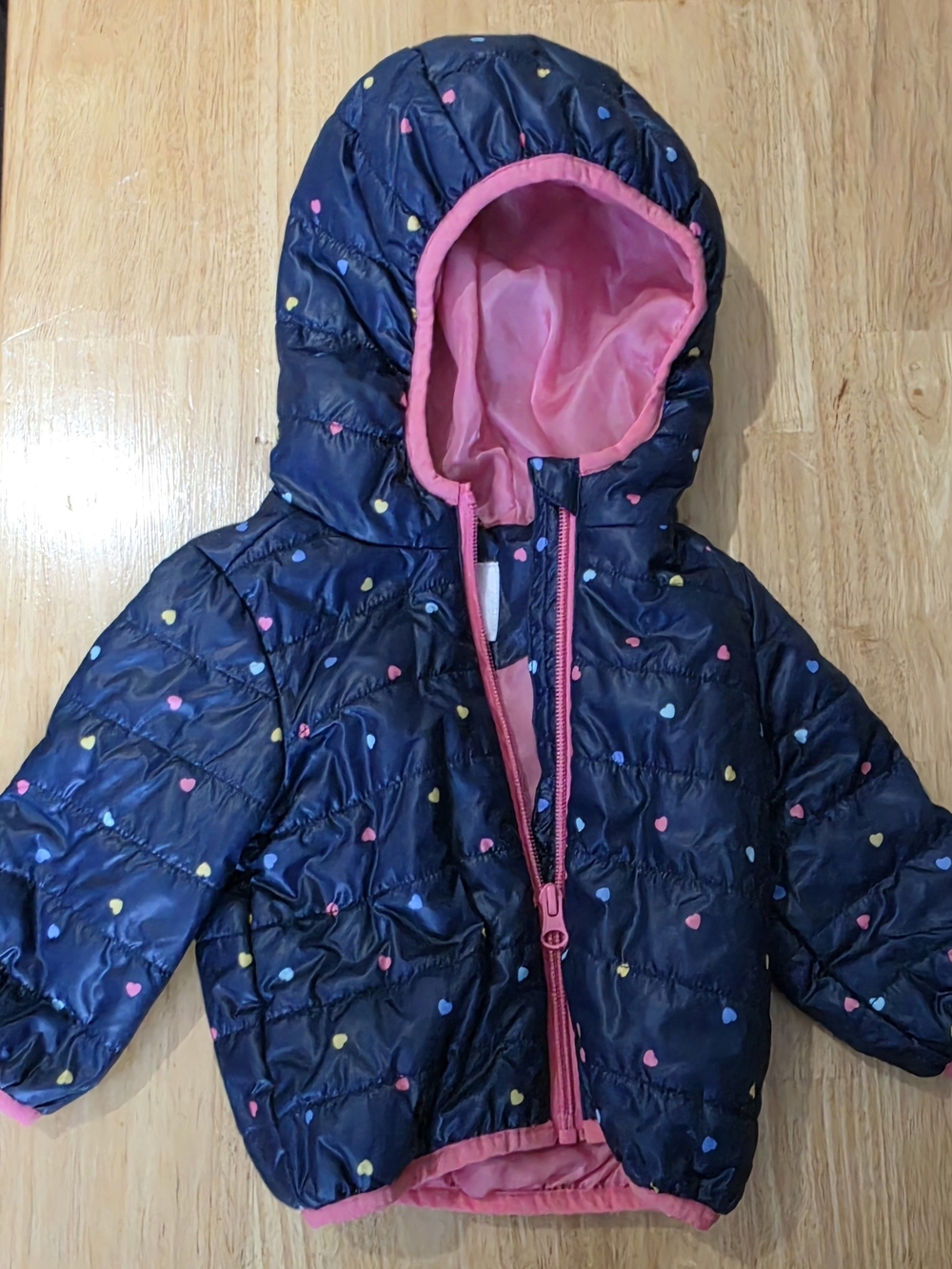 Joe Fresh Navy Hooded Puffer with Pink Trim and Multicolor Heart Print